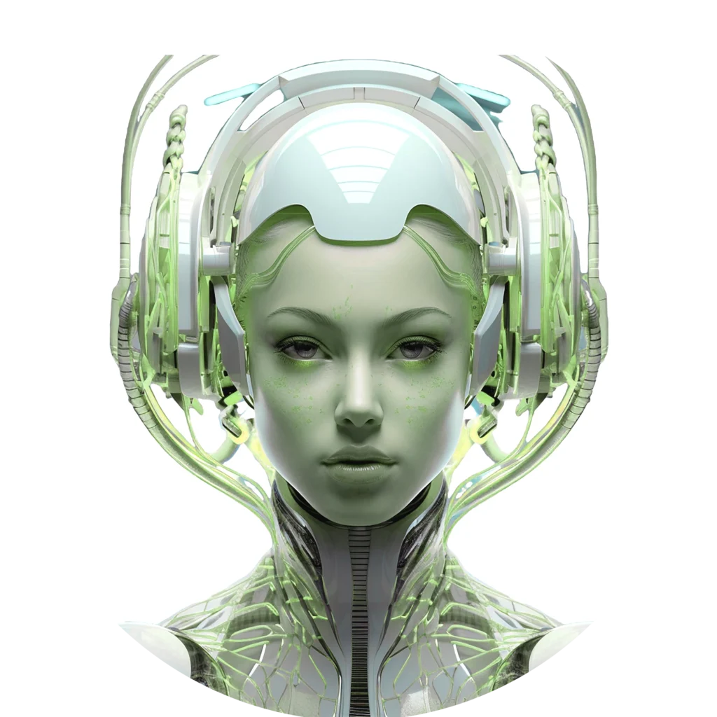 AI-powered solution illustrated by a futuristic humanoid robot with green and white cybernetic features, advanced artificial intelligence, and sleek, modern design. Exemplifies innovation in AI-powered solutions and next-generation robotics.