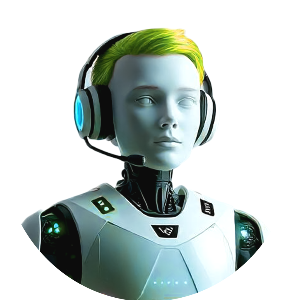 Futuristic humanoid AI robot with neon green hair, wearing a sleek headset, glowing blue lights on a cybernetic body, and a neutral expression, isolated on a white background.