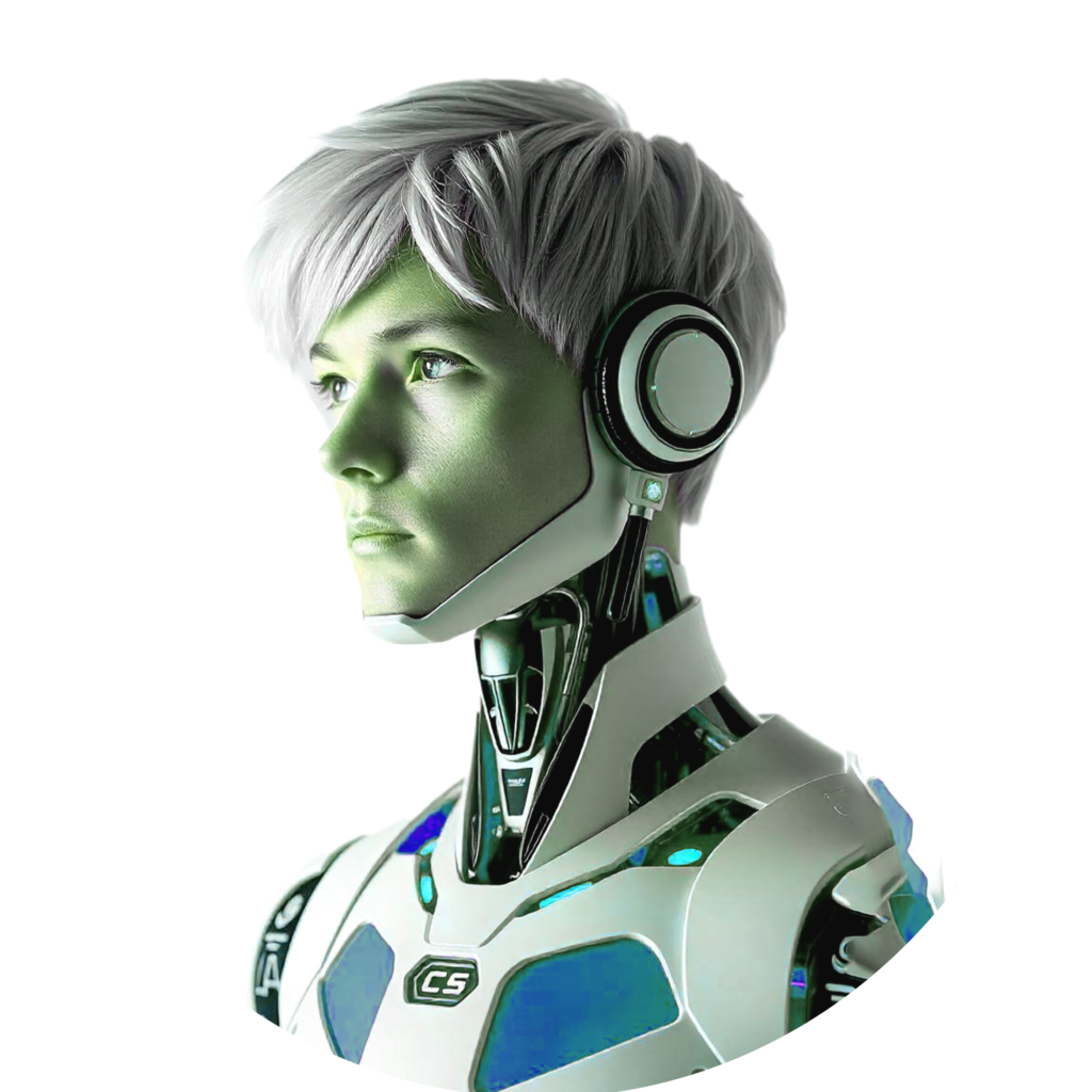 High-tech humanoid AI robot with silver-white hair, glowing green skin, and cybernetic armor, exuding an ultra-modern, futuristic sci-fi aesthetic.